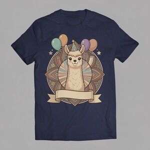 Gildan Navy Tee with Cream Llama and Pastel Balloons